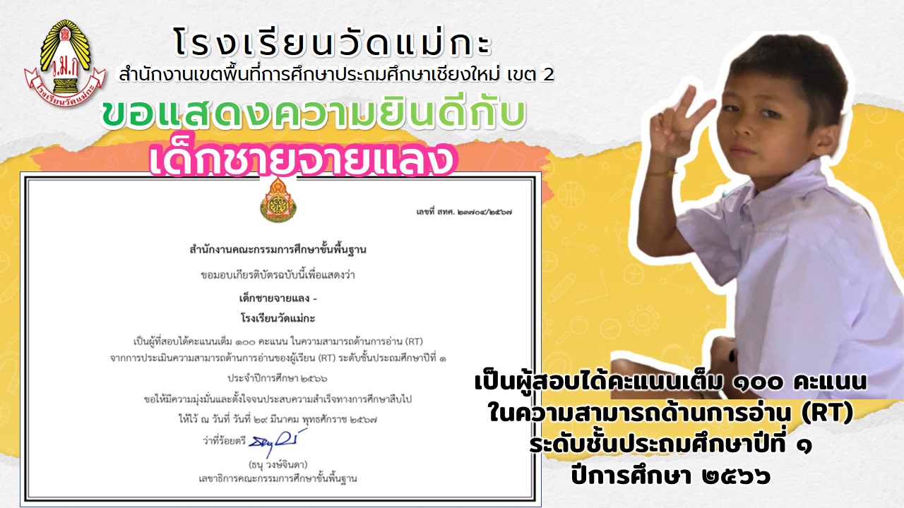 นักเรียนชั้นประถมศึกษาปีที่ 1 ที่เป็นผู้สอบได้คะแนนเต็ม 100 คะแนนในความสามารถด้านการอ่าน(RT) จากการประเมินความสามารถด้านการอ่านของผู้เรียนระดับชั้นประถมศึกษาปีที่ 1 ประจำปีการศึกษา 2566 จากสำนักงานคณะกรรมการการศึกษาขั้นพื้นฐาน กระทรวงศึกษาธิการ จำนวน 7 คน